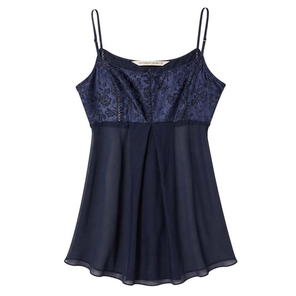 Victoria's Secret Y2K Babydoll Chemise Slip Navy Satin Jacquard XS